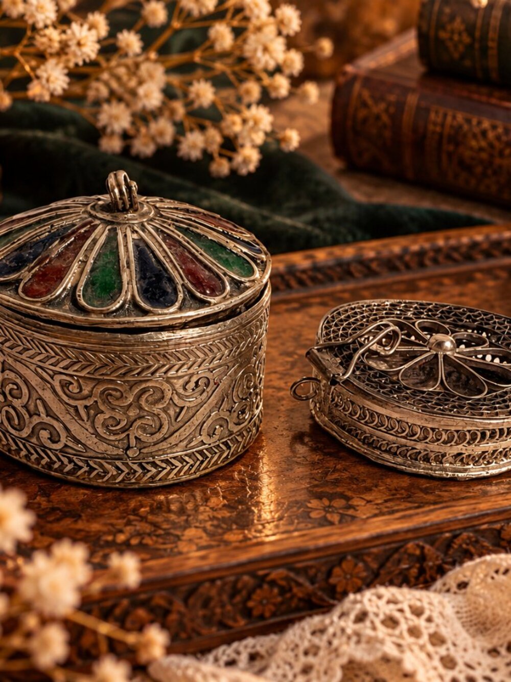 Vintage Ornate Silver-Tone Trinket Boxes Set of 2 – Filigree & Enamel Style